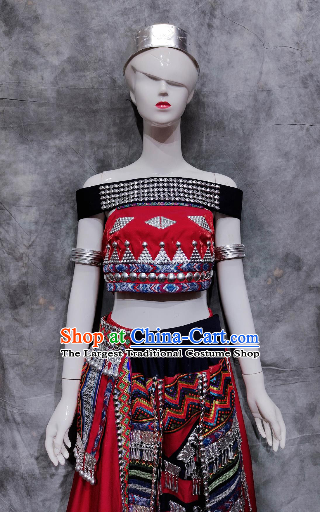 China Wa National Minority Stage Performance Red Dress Yunnan Folk Dance Costume Chinese Va Ethnic Woman Festival Clothing