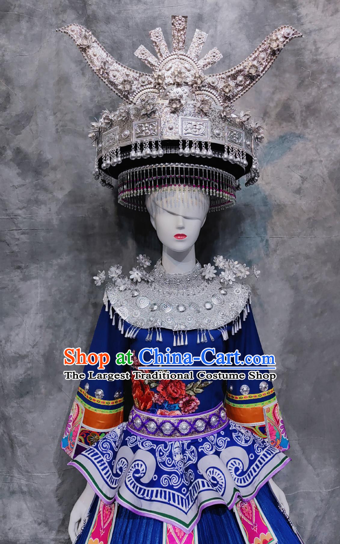Chinese Folk Dance Costume Miao Ethnic Woman Festival Clothing China Hmong National Minority Stage Performance Royal Blue Dress