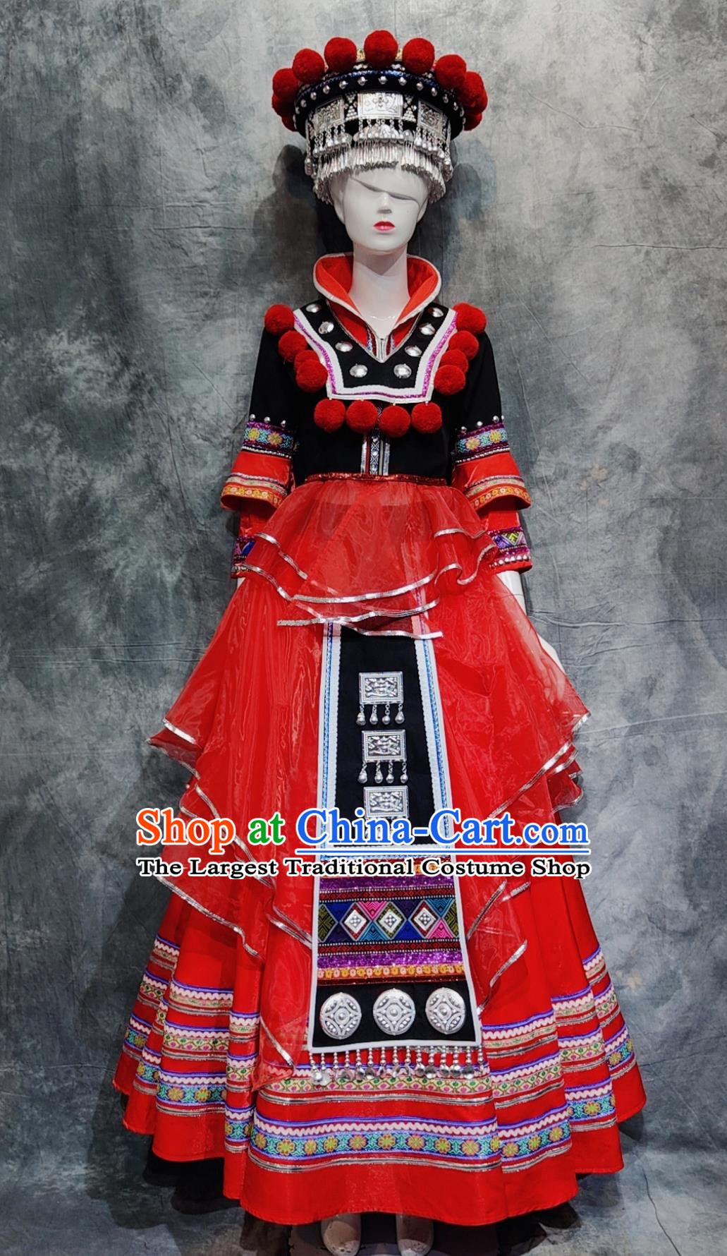 China Guangxi Folk Dance Costume Yao Ethnic Woman Festival Clothing Chinese National Minority Stage Performance Red Dress