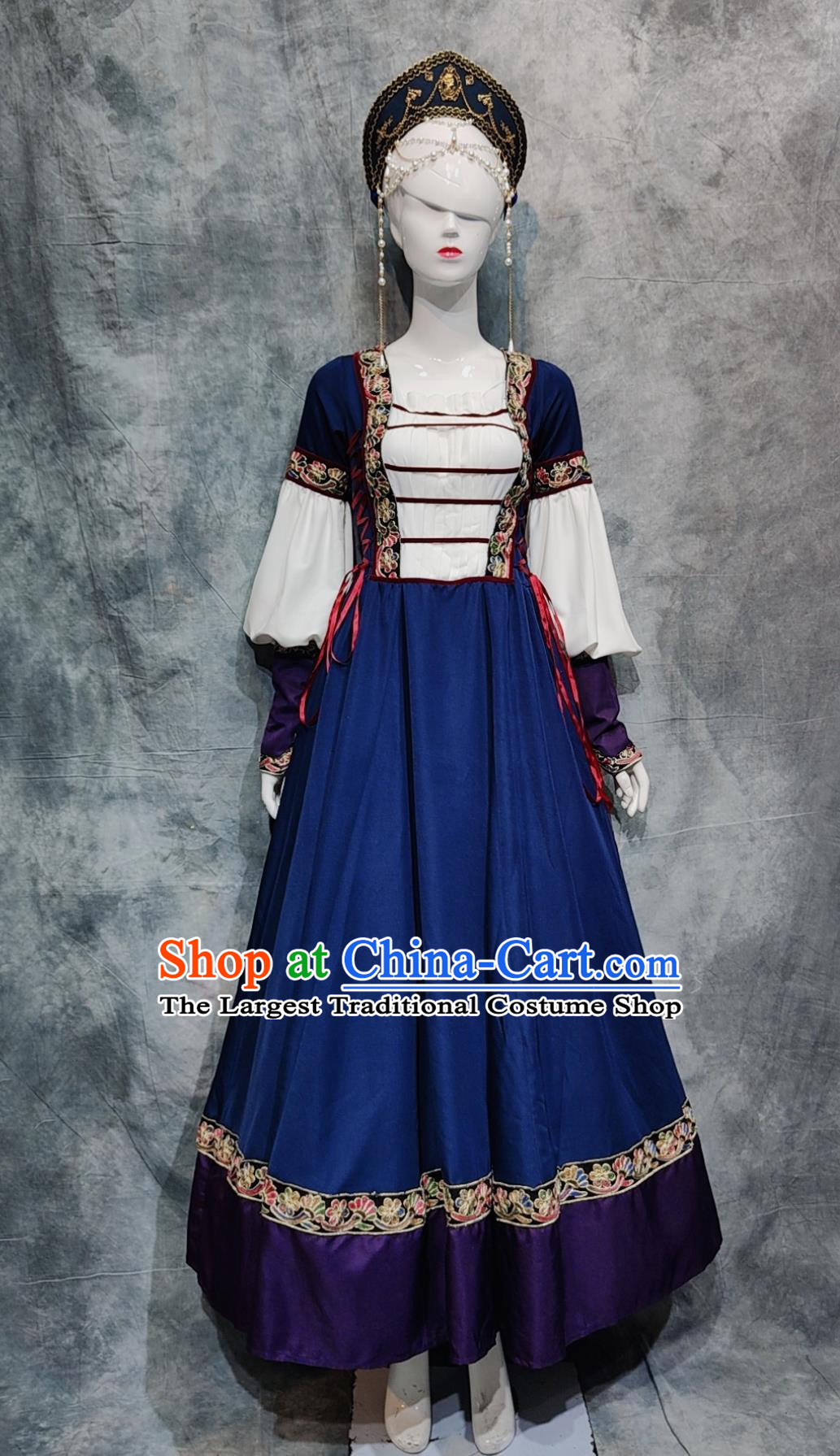 China Traditional Dance Costume Chinese Russian Ethnic Woman Festival Clothing Xinjiang National Minority Stage Performance Blue Dress
