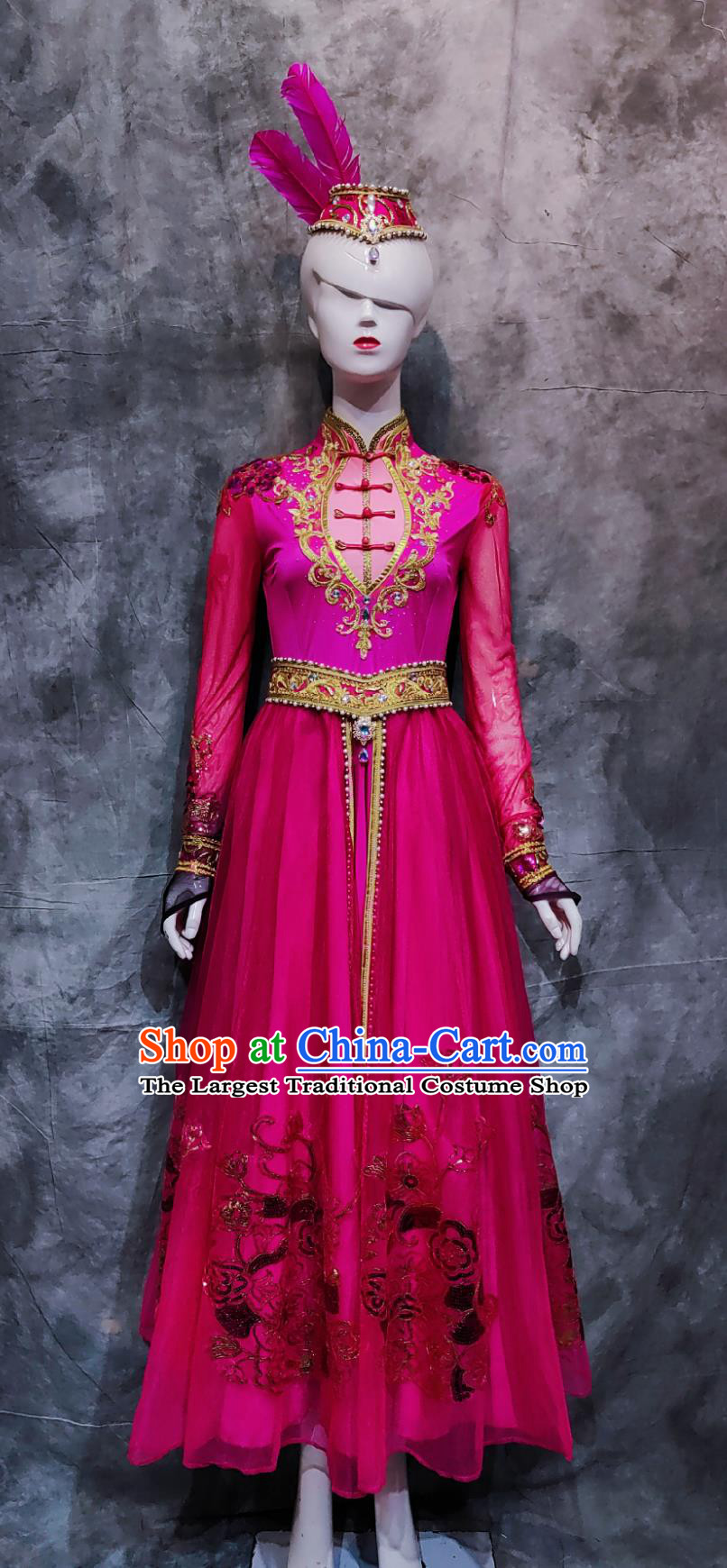 China Uyghur National Minority Woman Rosy Dress Traditional Xinjiang Performance Costume Chinese Uighur Ethnic Festival Dance Clothing