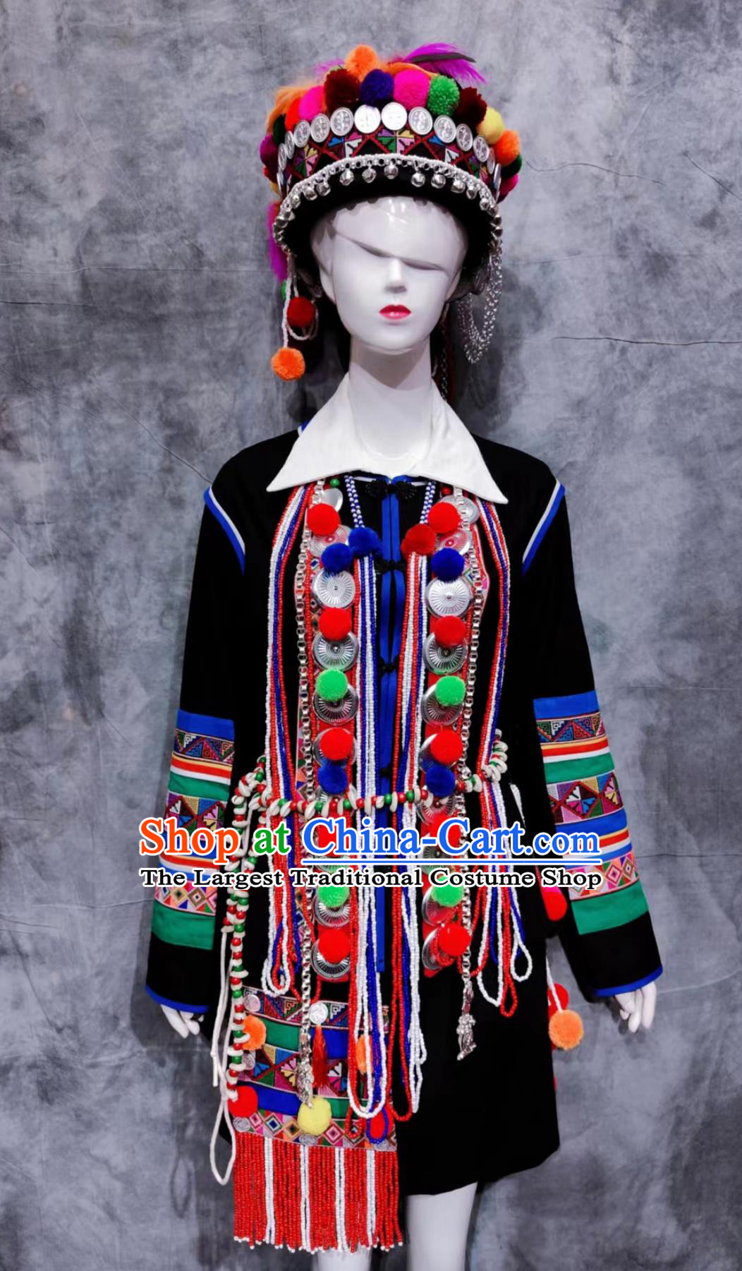 China Hani National Minority Woman Clothing Yunnan Travel Black Dress Traditional Chinese Hanis Ethnic Dance Costume