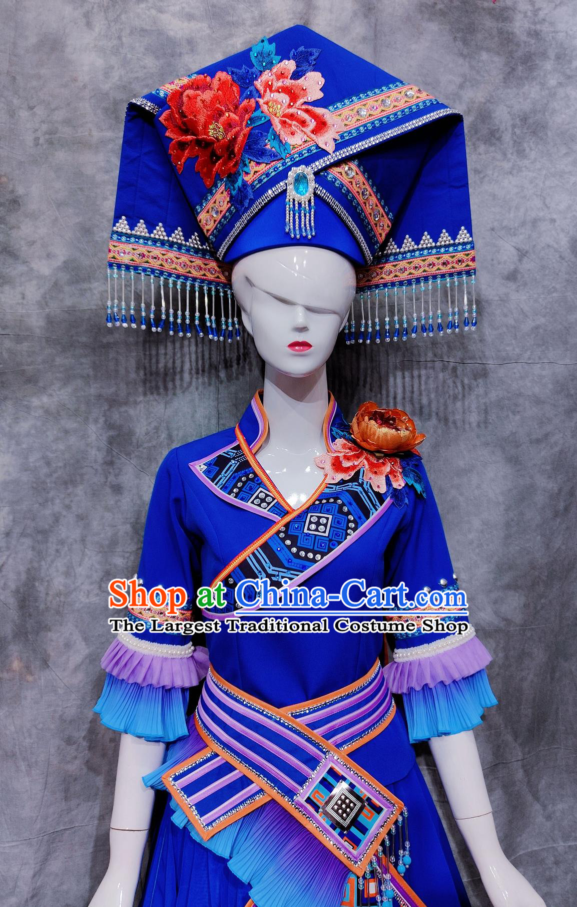 Traditional Guangxi Travel March rd Festival Attire Chinese Ethnic Dance Blue Dress Costume China Zhuang National Minority Woman Clothing