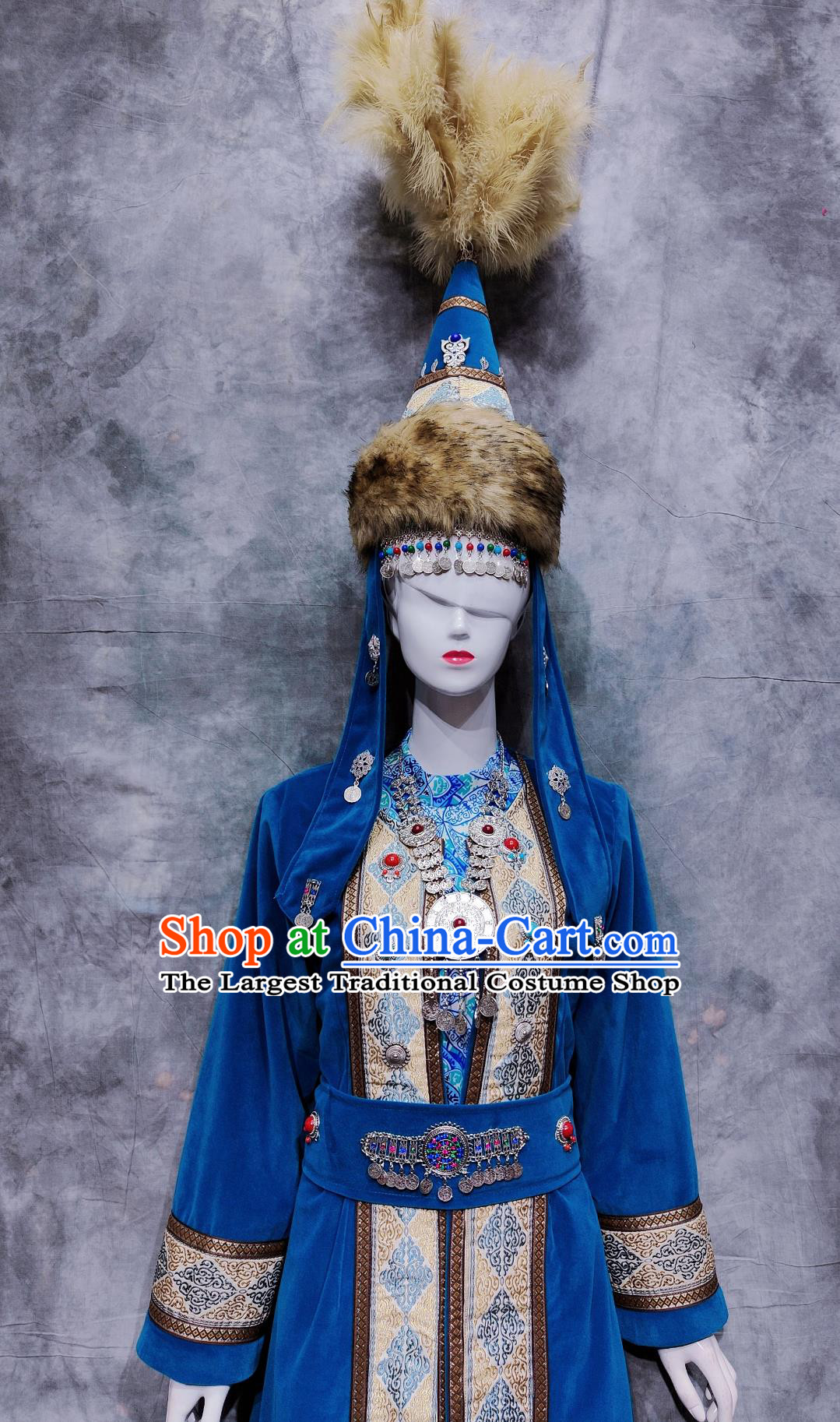 Traditional Xinjiang Dance Blue Dress Chinese Hazak Ethnic Dance Costume China Kazakh National Minority Woman Clothing