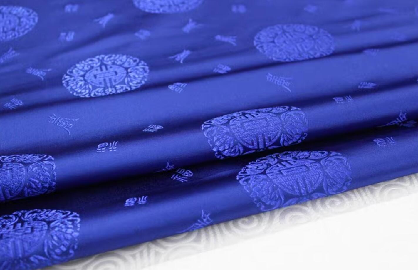 Chinese Classical Longevity Pattern Design Royal Blue Brocade Fabric Traditional Tang Suit Satin Drapery Silk Material