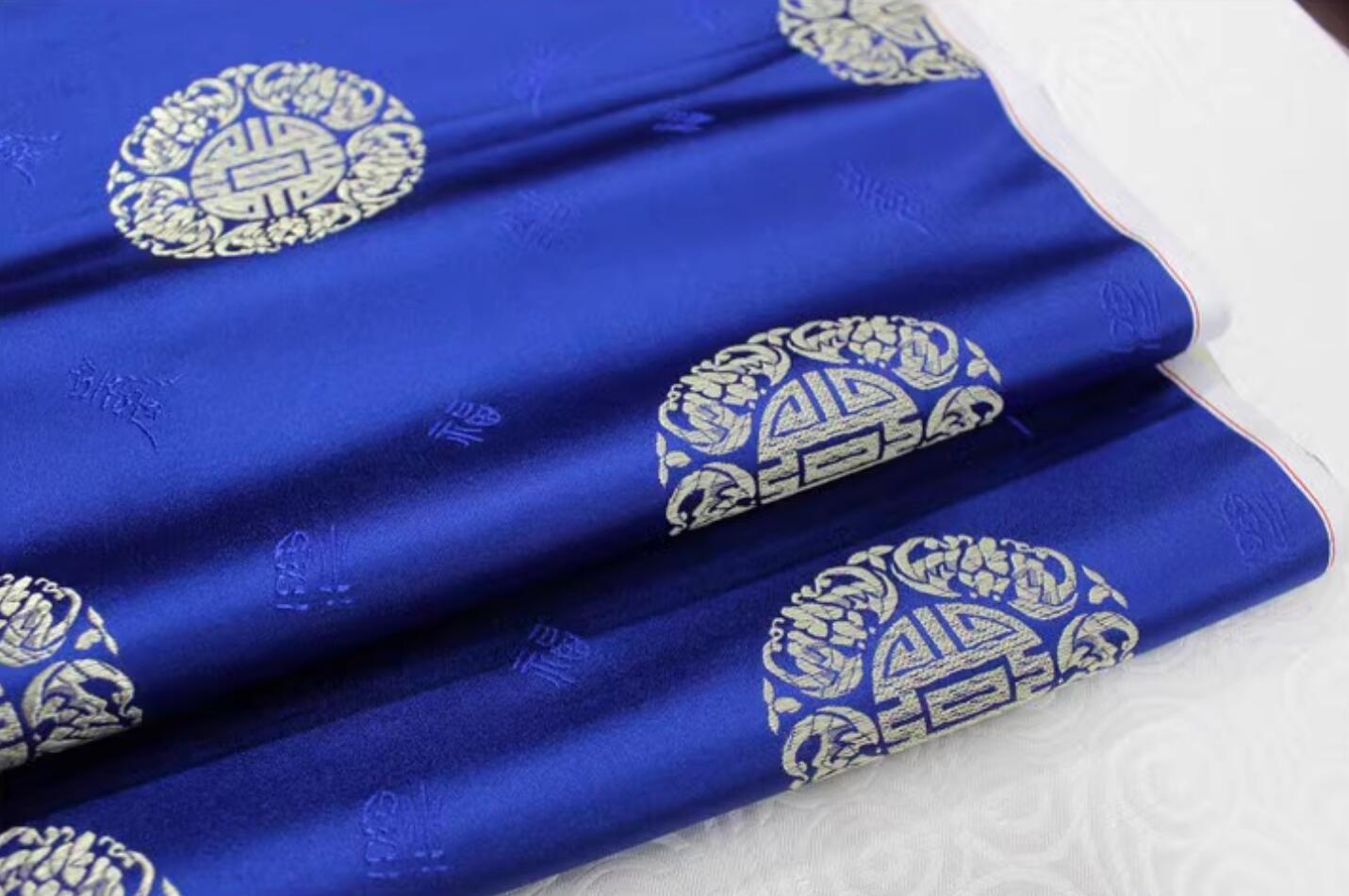 China Cloth Material Classical Longevity Pattern Design Royal Blue Brocade Fabric Chinese Traditional Tang Suit Satin Drapery