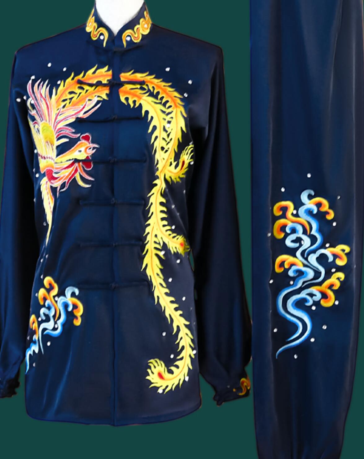 Top Pure Silk Wushu Uniform Dark Blue Embroidered Phoenix Tai Chi Suit Chinese Kung Fu Taiji Costume