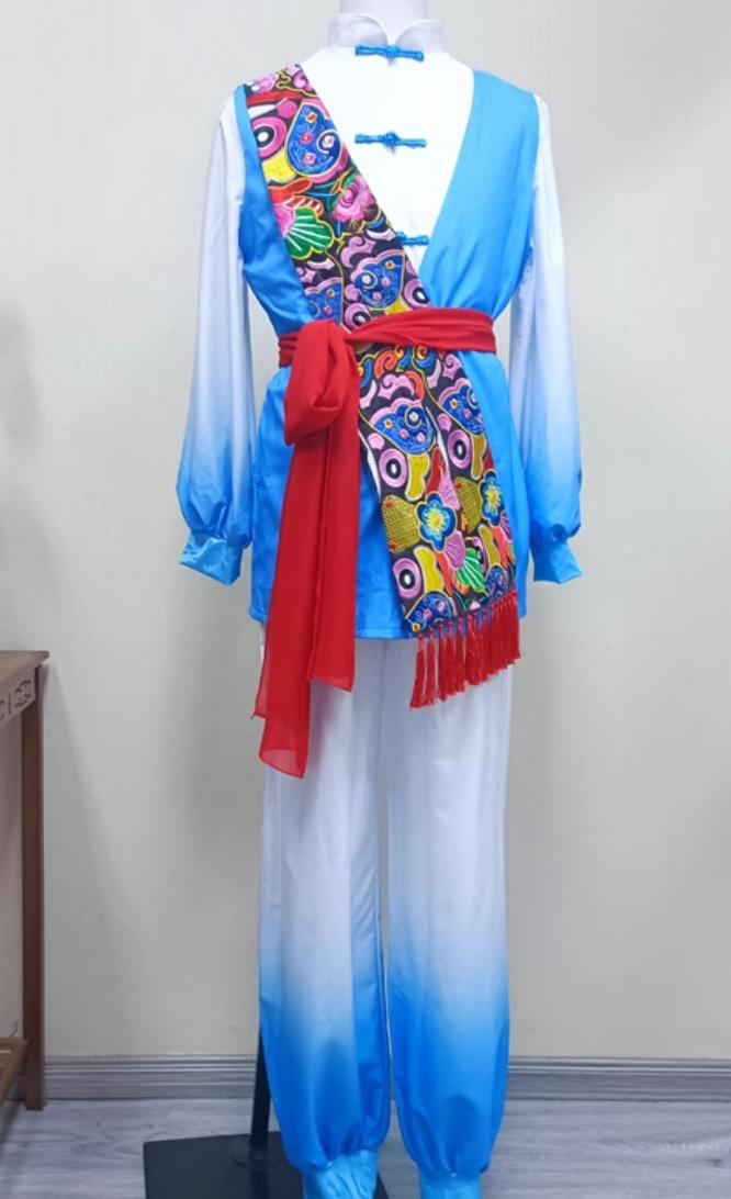 Chinese Folk Dance Costume Male Group Performance Blue Outfit China Yangko Dance Clothing