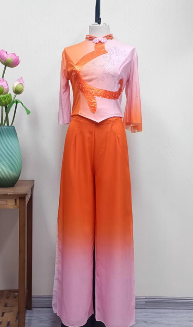 Chinese Folk Dance Costume Women Group Performance Orange Outfit China Yangko Dance Clothing