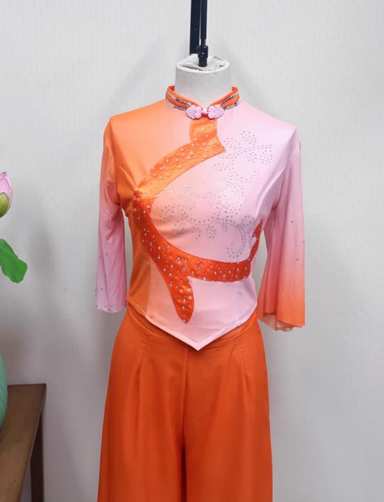 Chinese Folk Dance Costume Women Group Performance Orange Outfit China Yangko Dance Clothing