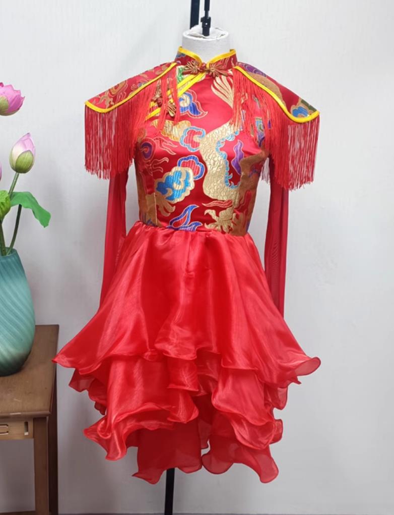 Women Group Performance Red Dress China Folk Dance Clothing Chinese Drum Dance Yangko Costume