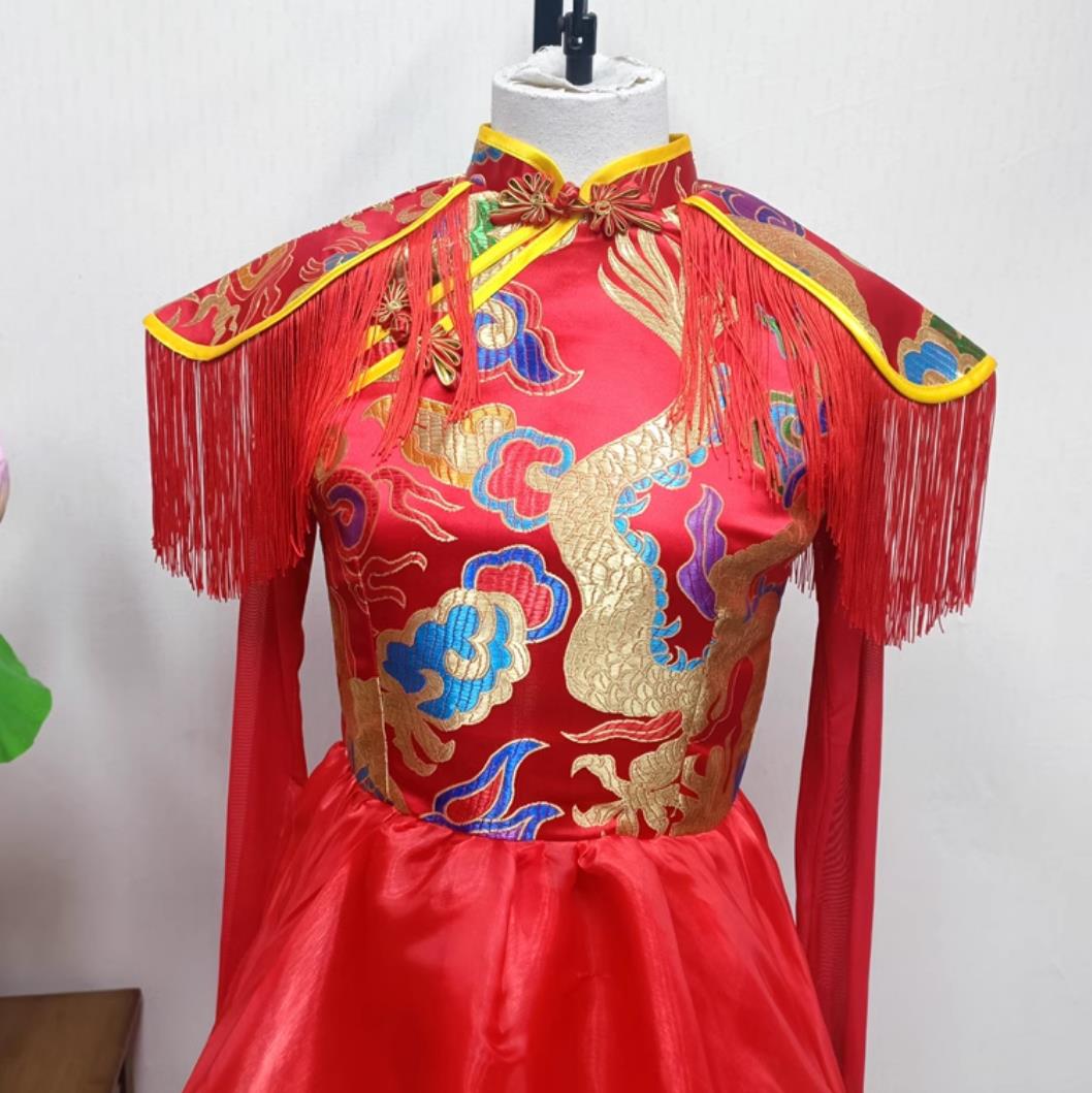 Women Group Performance Red Dress China Folk Dance Clothing Chinese Drum Dance Yangko Costume