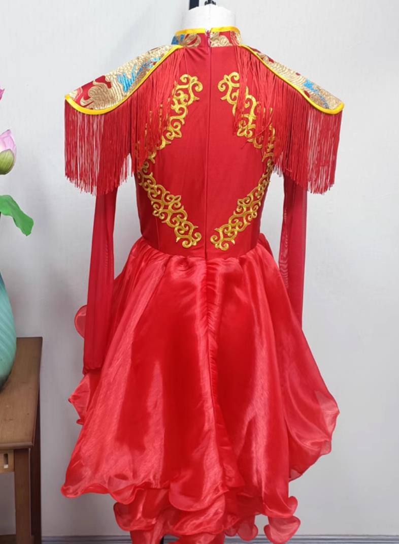 Women Group Performance Red Dress China Folk Dance Clothing Chinese Drum Dance Yangko Costume