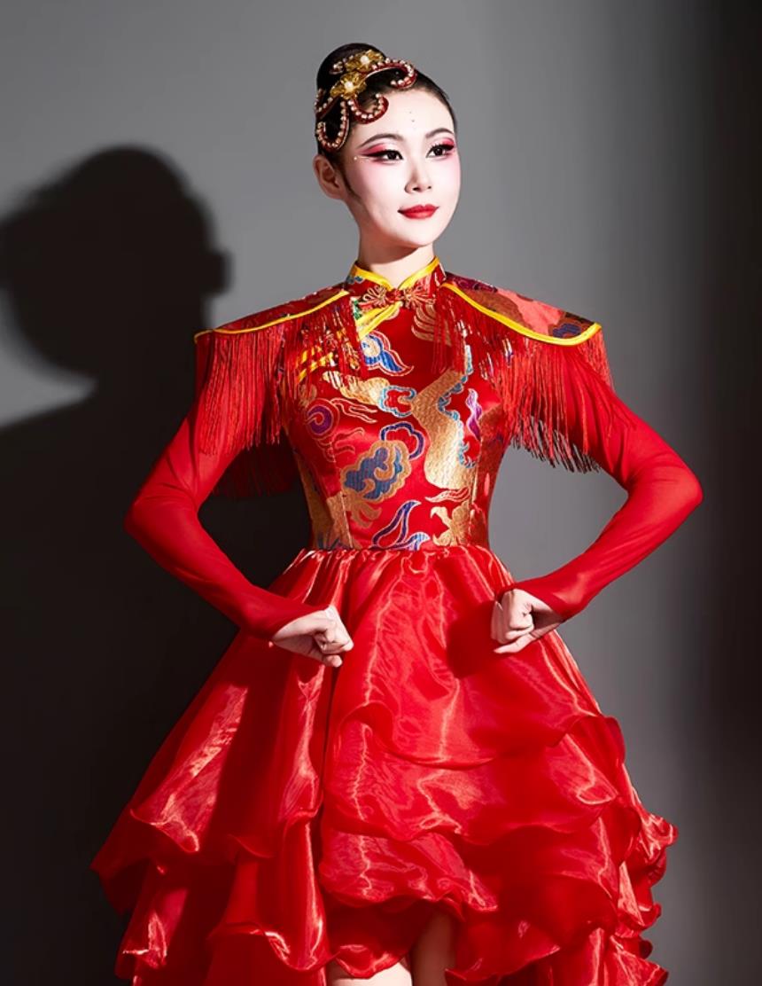 Women Group Performance Red Dress China Folk Dance Clothing Chinese Drum Dance Yangko Costume