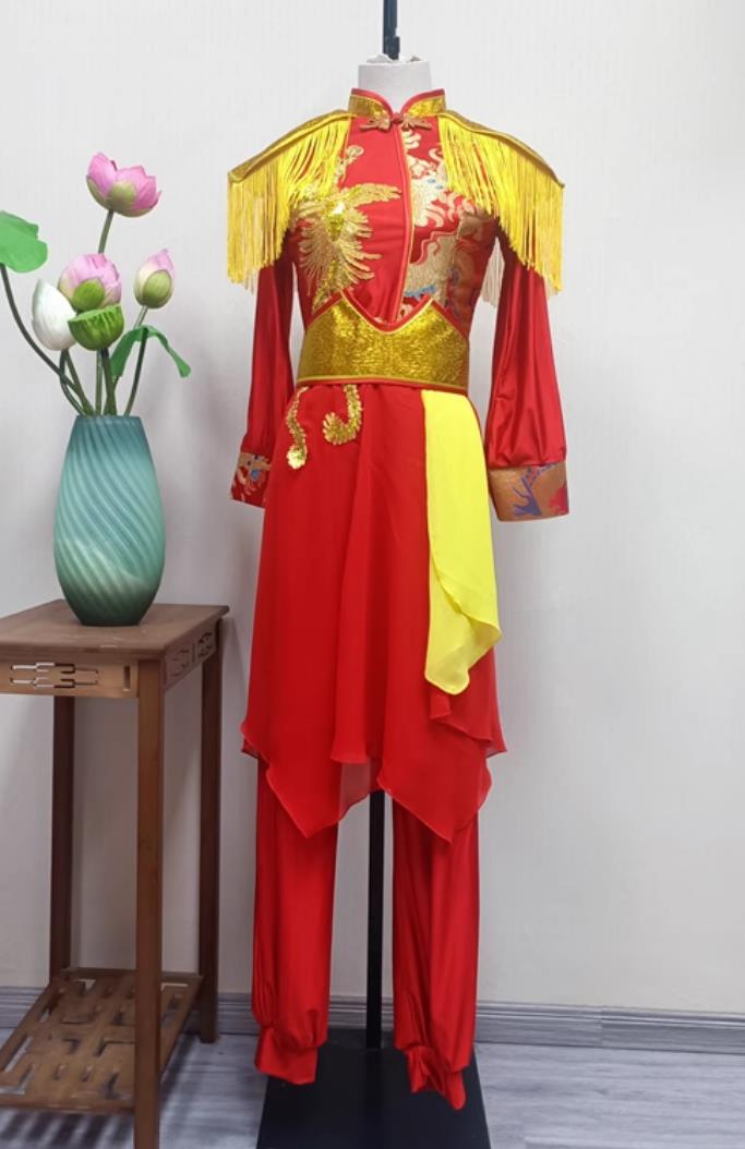 China Jiaozhou Folk Dance Clothing Chinese Yangko Dance Drum Show Costume Women Group Performance Red Outfit