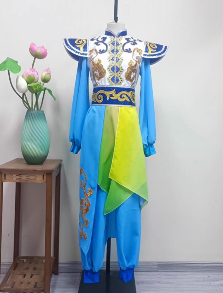 Women Dragon Performance Blue Outfit China Folk Dance Clothing Chinese Yangko Dance Drum Show Costume