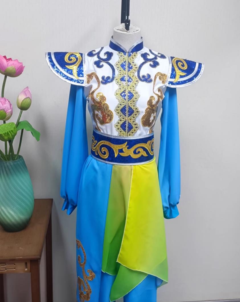 Women Dragon Performance Blue Outfit China Folk Dance Clothing Chinese Yangko Dance Drum Show Costume