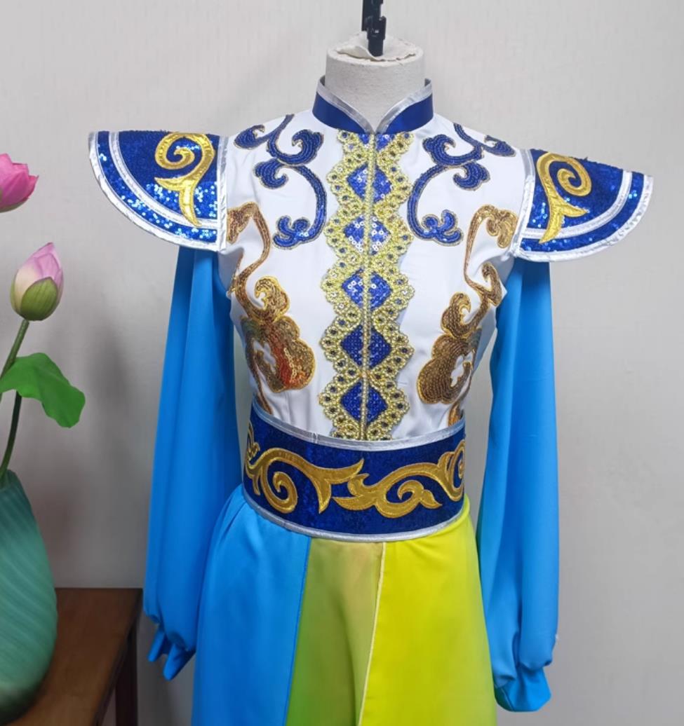 Women Dragon Performance Blue Outfit China Folk Dance Clothing Chinese Yangko Dance Drum Show Costume