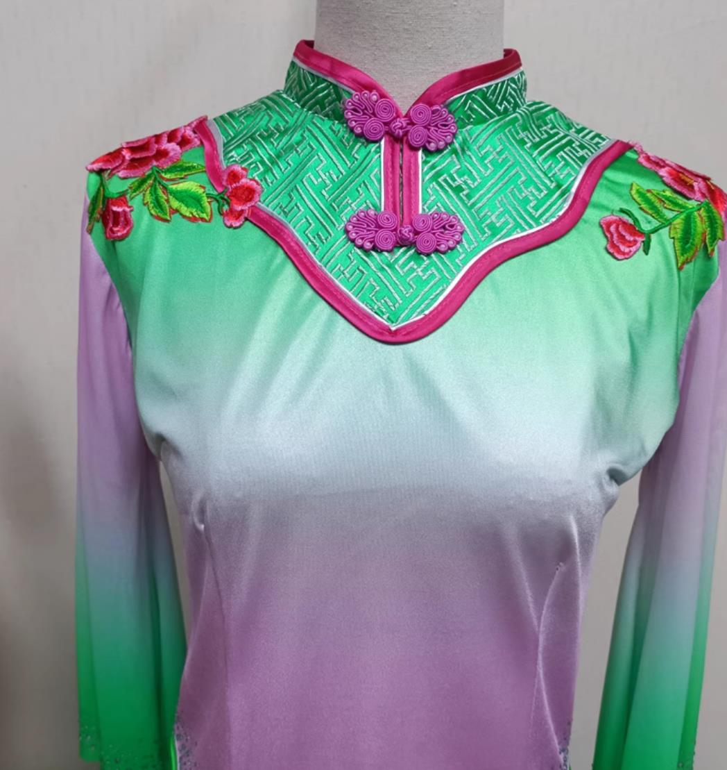 China Folk Dance Yangge Clothing Chinese Yangko Dance Costume Women Group Performance Green Outfit