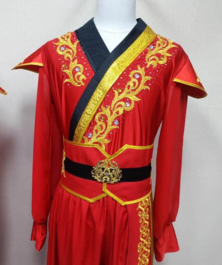 Male Group Performance Red Outfit China Drum Dance Yangge Clothing Chinese Yangko Dance Costume