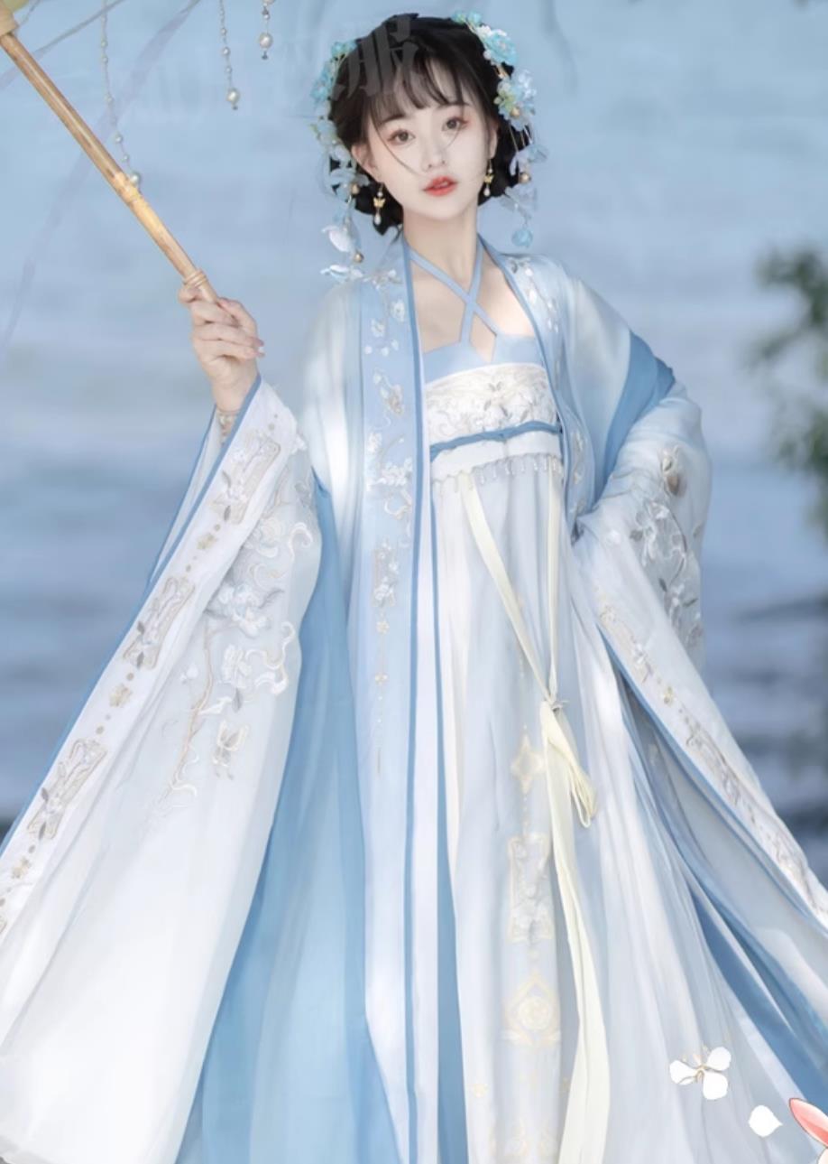 Ancient China Tang Dynasty Royal Princess Costumes Chinese Hanfu Fairy Blue Dress