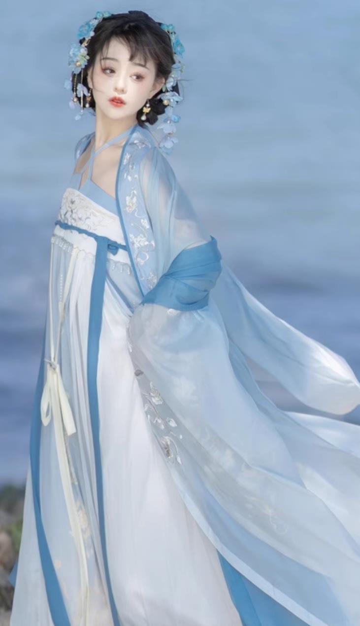 Ancient China Tang Dynasty Royal Princess Costumes Chinese Hanfu Fairy Blue Dress