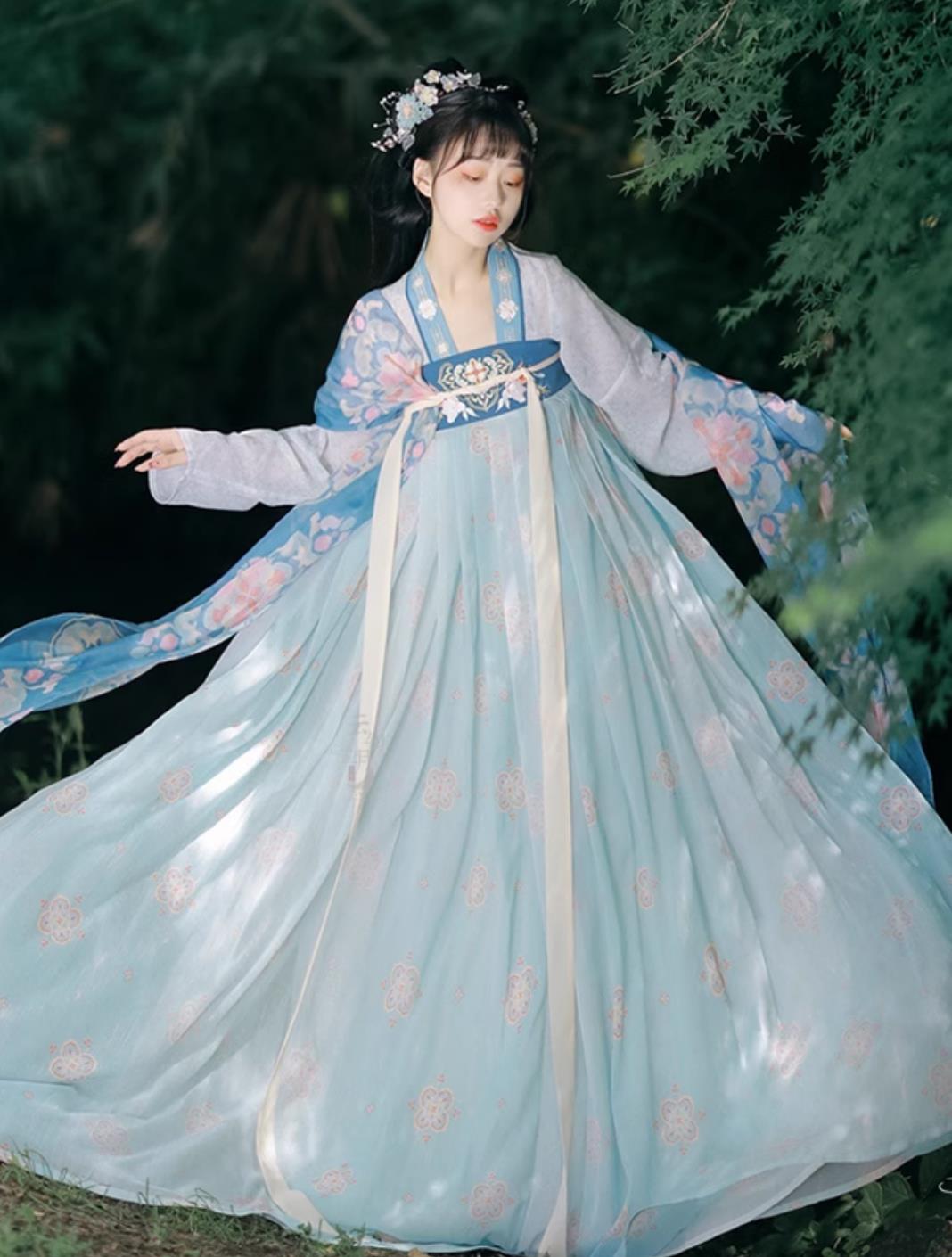 Tang Dynasty Young Lady Costume Chinese Hanfu Ancient China Royal Princess Blue Dress