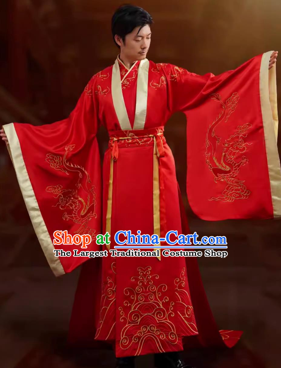 Traditional Chinese Wedding Dress Ancient Groom Embroidered Dragon Garment China Hanfu Male Clothing