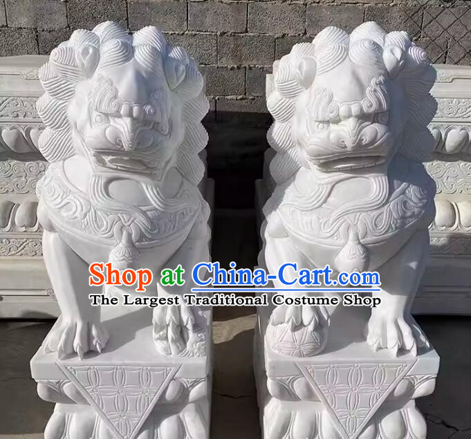 Chinese Stone Artworks Top Doorway Decoration Lions Set Carved White Marble Lions