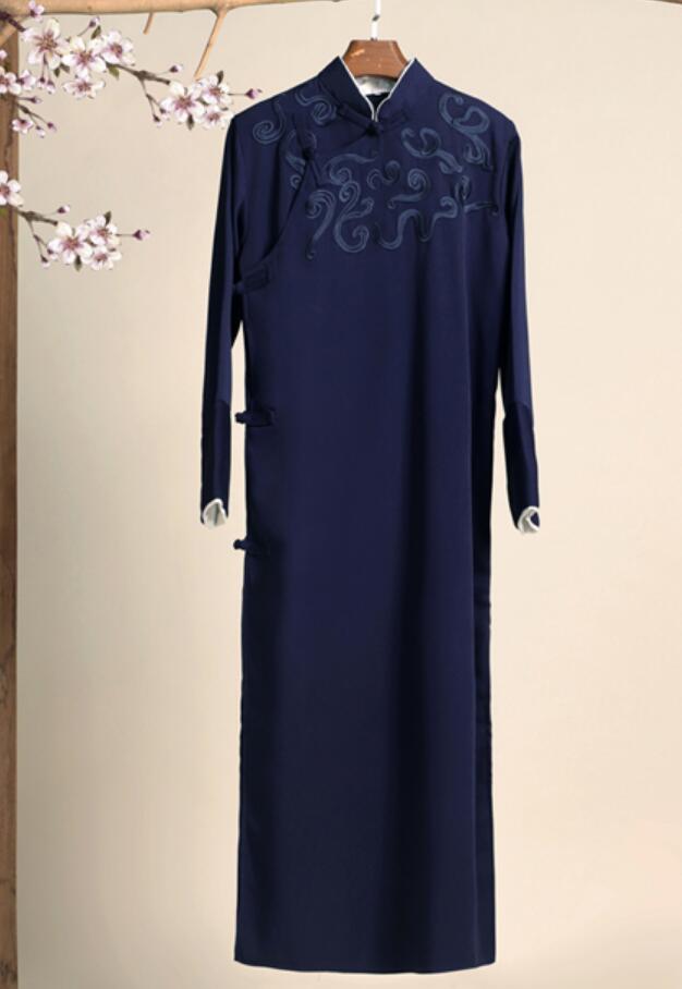 Chinese Cross Talke Clothing Navy Blue Long Robe Traditional Republic of China Costume for Men