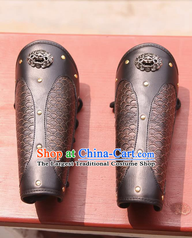 Ancient China Swordsman Wrist Bands Traditional Hanfu Accessories Chinese Ming Dynasty Brown Leather Armguard
