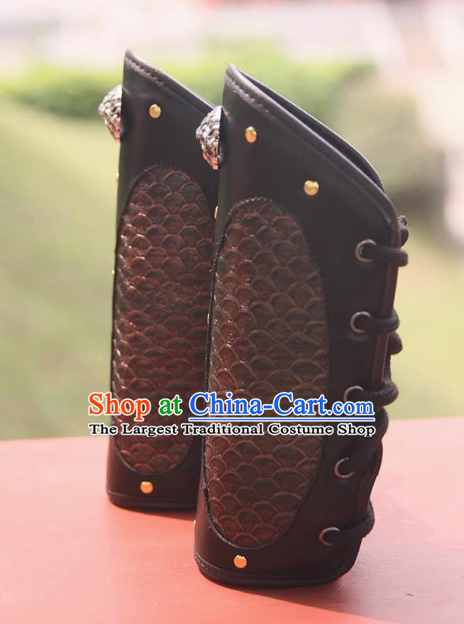 Ancient China Swordsman Wrist Bands Traditional Hanfu Accessories Chinese Ming Dynasty Brown Leather Armguard