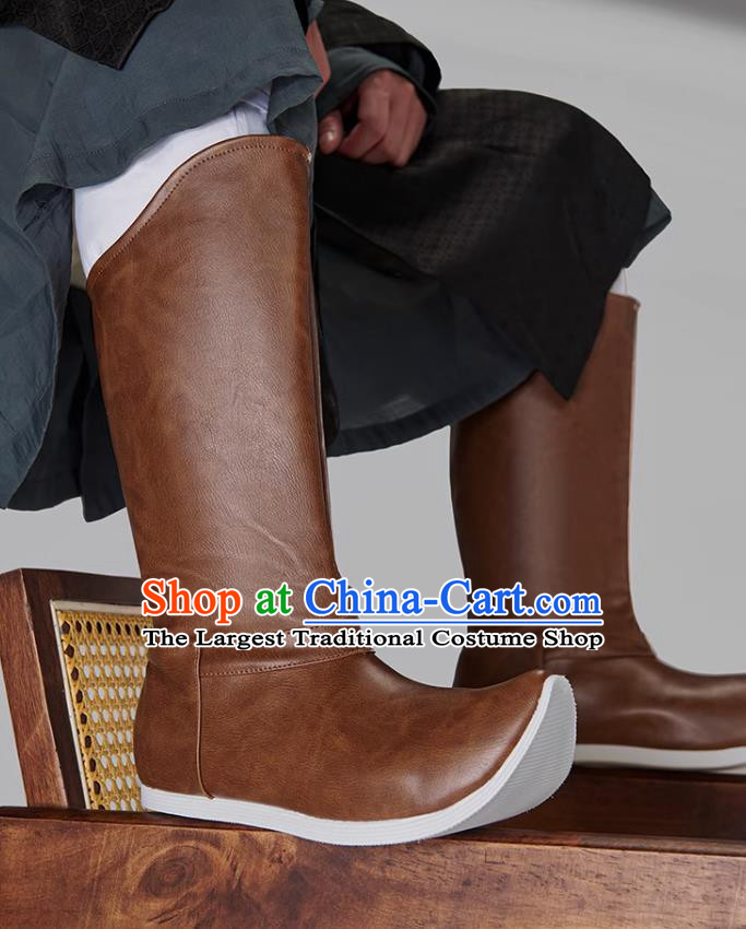 Traditional Hanfu Shoes Chinese Ming Dynasty Swordsman Boots Ancient China Warrior Brown Leather Boots