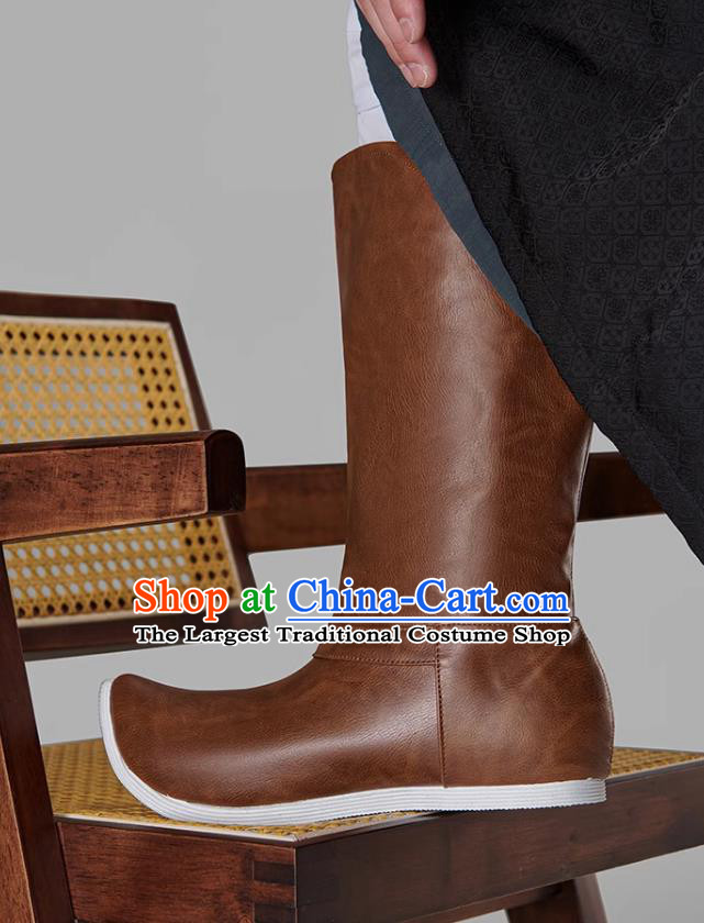 Traditional Hanfu Shoes Chinese Ming Dynasty Swordsman Boots Ancient China Warrior Brown Leather Boots