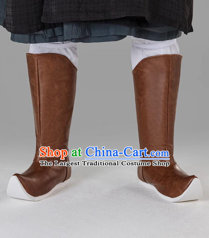 Traditional Hanfu Shoes Chinese Ming Dynasty Swordsman Boots Ancient China Warrior Brown Leather Boots