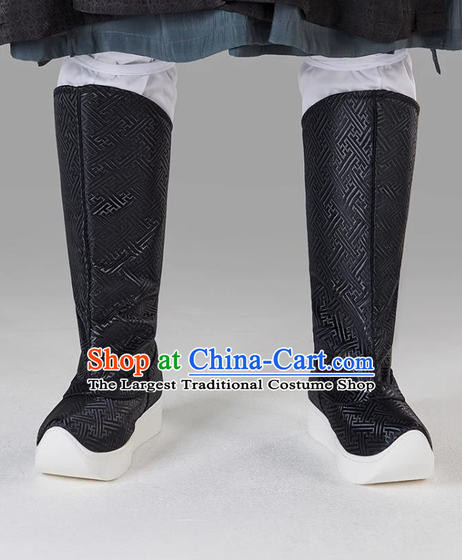 Ancient China Imperial Bodyguard Black Brocade Boots Traditional Hanfu Shoes Chinese Ming Dynasty Swordsman Boots