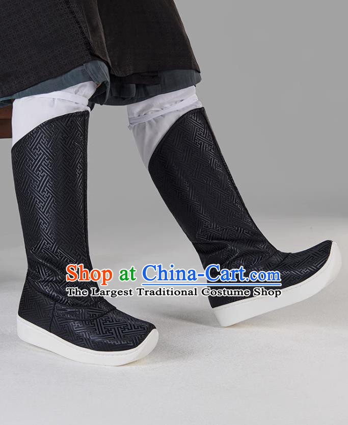 Ancient China Imperial Bodyguard Black Brocade Boots Traditional Hanfu Shoes Chinese Ming Dynasty Swordsman Boots