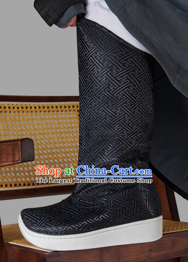 Ancient China Imperial Bodyguard Black Brocade Boots Traditional Hanfu Shoes Chinese Ming Dynasty Swordsman Boots