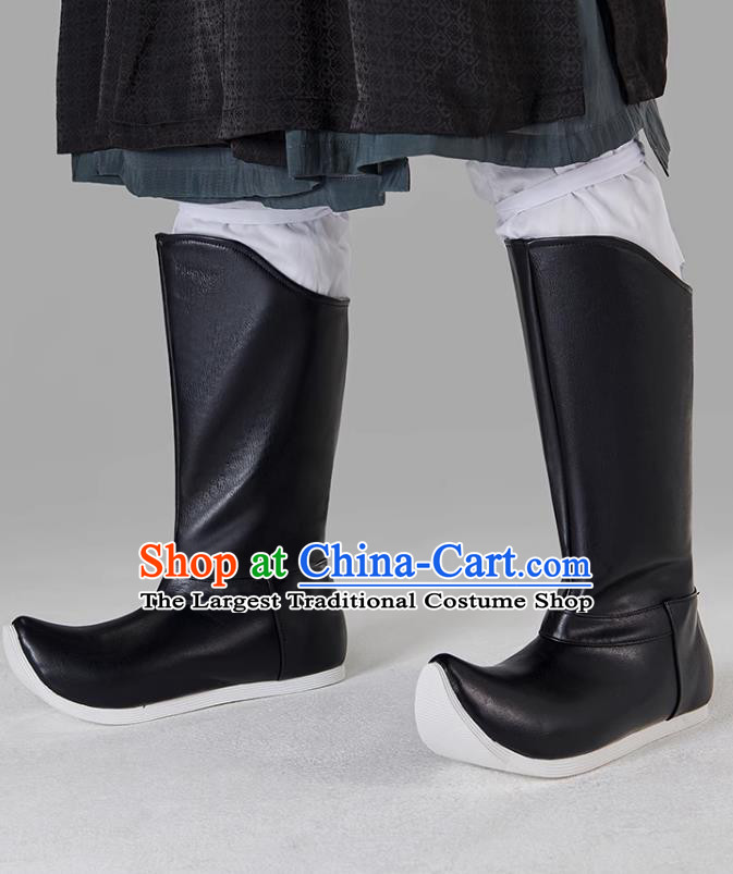Chinese Song Dynasty Swordsman Boots Ancient China Imperial Bodyguard Black Leather Boots Traditional Hanfu Shoes