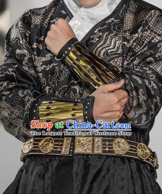 Ancient China Warrior Golden Wrist Bands Traditional Hanfu Accessories Chinese Ming Dynasty Stainless Steel Armguard