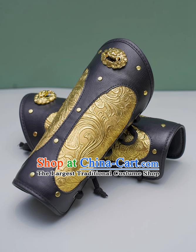 Chinese Ming Dynasty Golden Leather Armguard Ancient China Swordsman Wrist Bands Traditional Hanfu Accessories