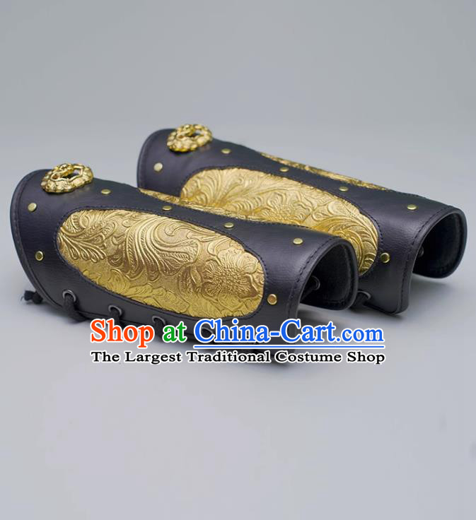 Chinese Ming Dynasty Golden Leather Armguard Ancient China Swordsman Wrist Bands Traditional Hanfu Accessories