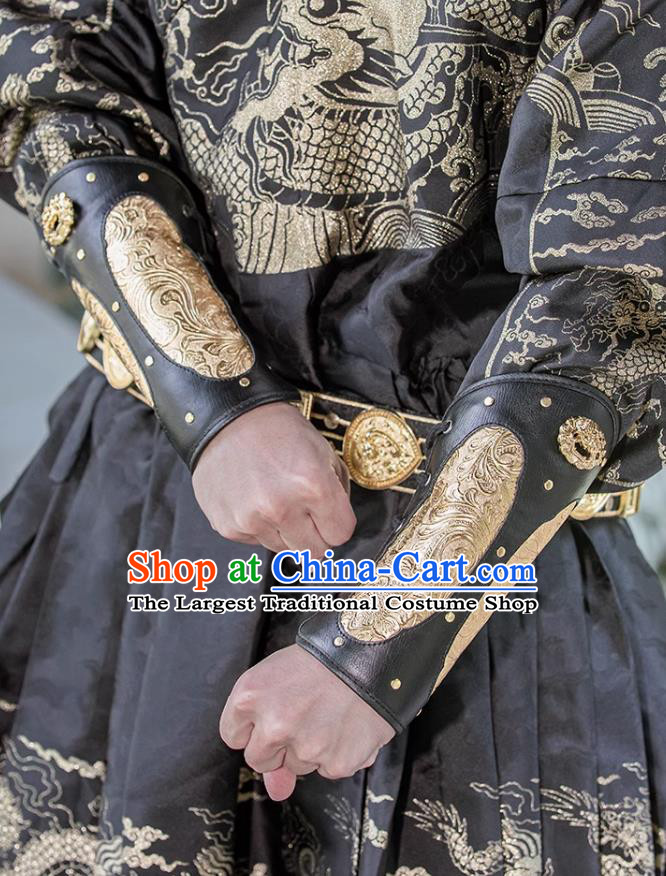Chinese Ming Dynasty Golden Leather Armguard Ancient China Swordsman Wrist Bands Traditional Hanfu Accessories
