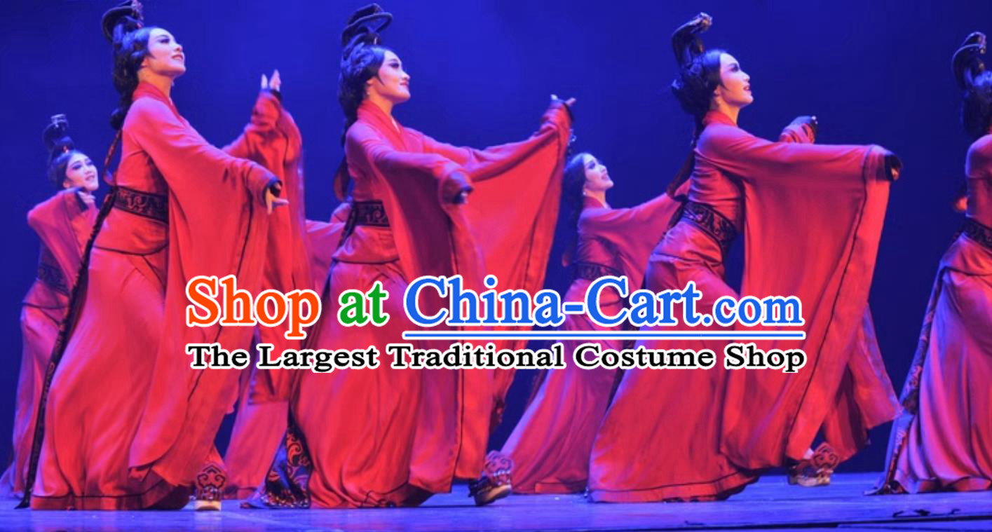 Chinese Classical Dance Han Tang Dance Guan Jiu Red Dress Top Women Group Dance Exhibition Clogger Shoes Dance Costume