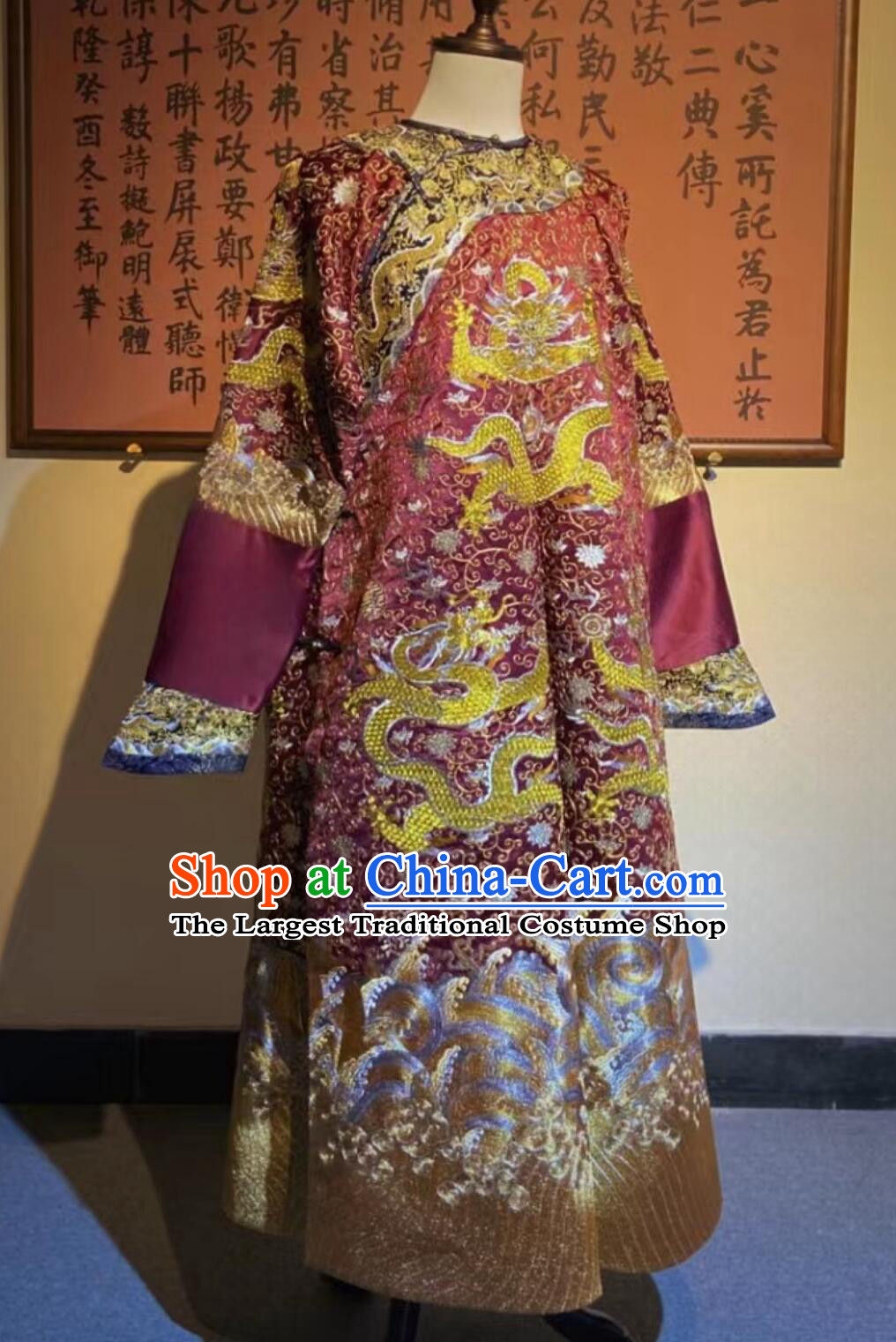 Ancient China Monarch Auspicious Attire Chinese Qing Dynasty Emperor Crimson Dragon Robe Clothing Traditional Twisted Gold Embroidery Imperial Robe