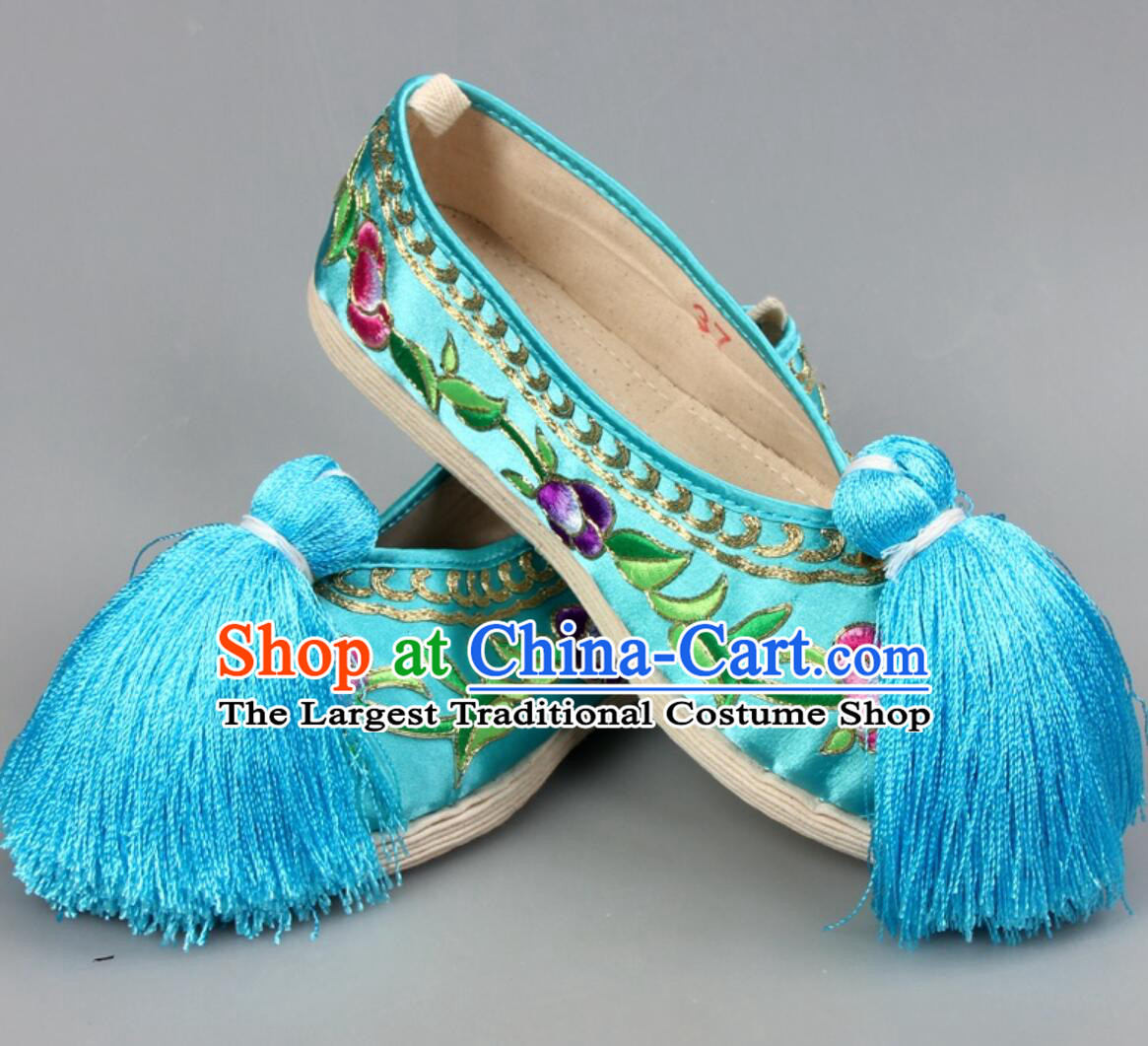 Handmade Peking Opera Shoes Chinese Beijing Opera Hua Tan Shoes Light Blue Embroidered Shoes