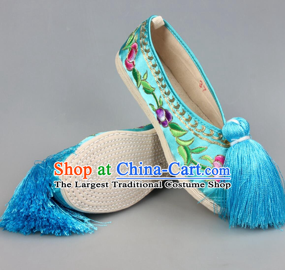Handmade Peking Opera Shoes Chinese Beijing Opera Hua Tan Shoes Light Blue Embroidered Shoes
