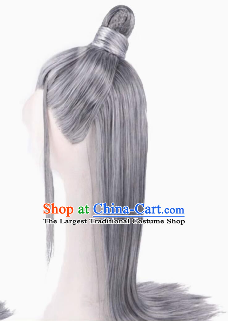 Handmade Front Lace Grey Wig Chinese Ancient Swordsman Wig Traditional Hanfu Hero Headdress