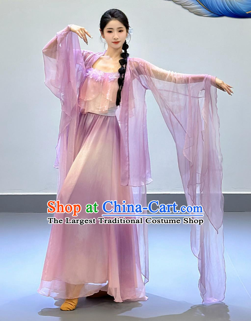 Woman Solo Dance Clothing China Classical Dance Pink Flower Petal Dress Traditional Chinese Water Sleeve Dance Costume