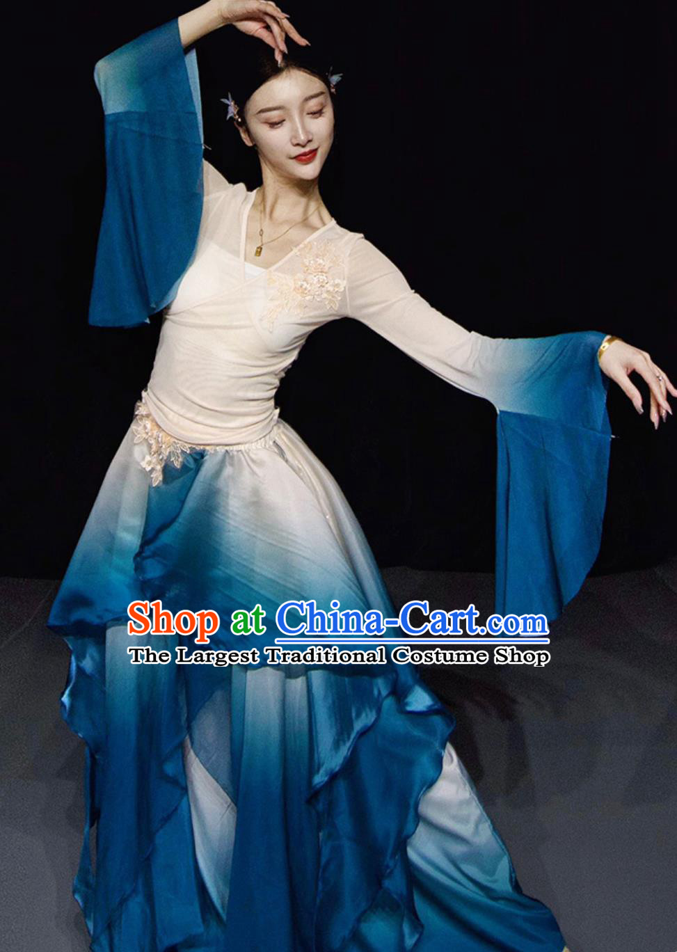 Zui Qing Bo Woman Solo Dance Clothing China Umbrella Dance Blue Dress Traditional Chinese Classical Dance Costume
